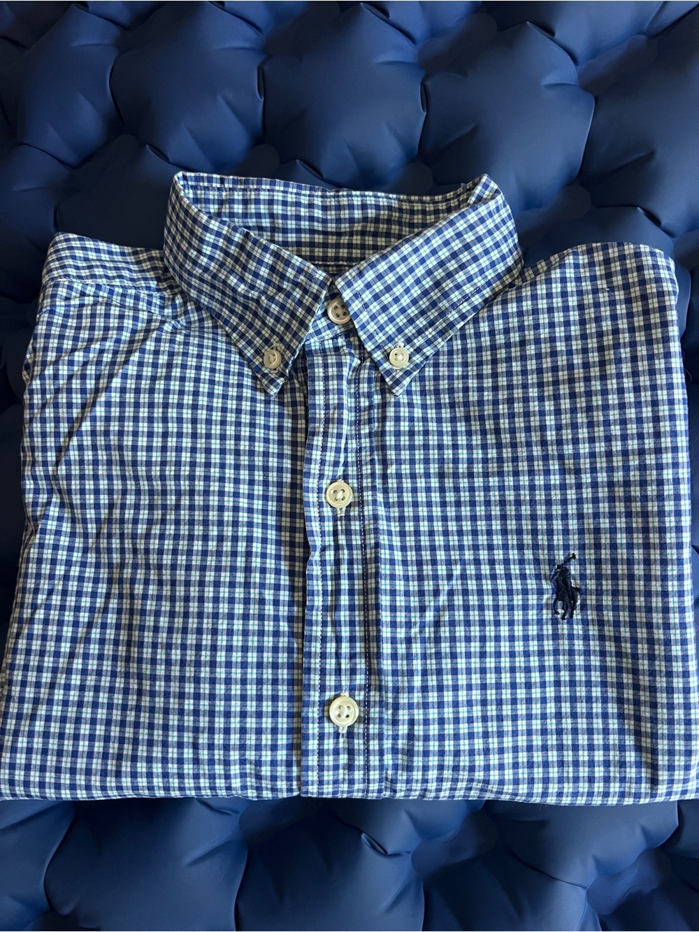 Boys M Polo by Ralph Lauren Navy and White Gingham Button-Down Shirt